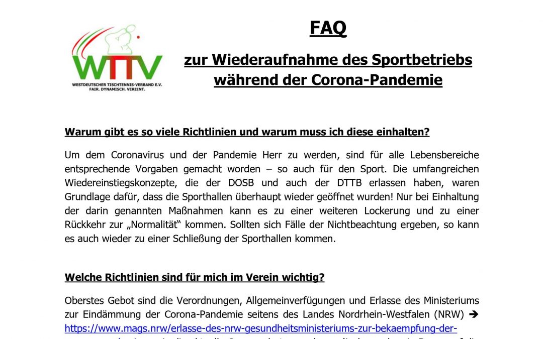 FAQ SPORTBETRIEB WÄHREND CORONA